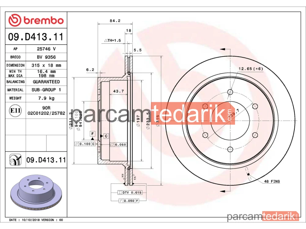 BREMBO 09D41311 | Fren Diski (Arka, Düz)