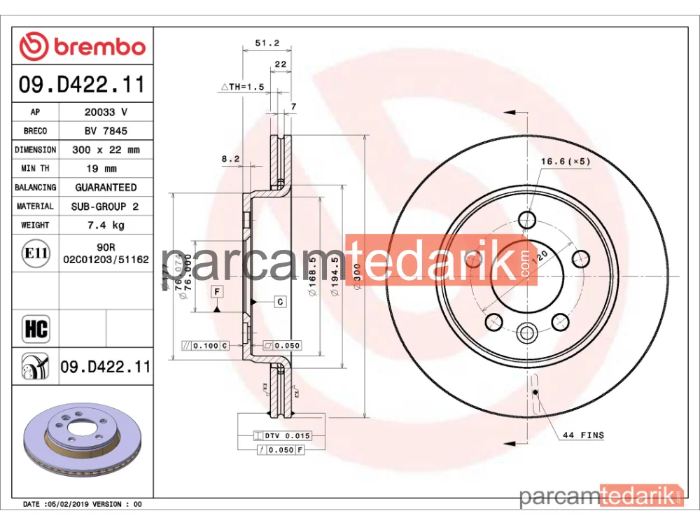 BREMBO 09D42211 | Fren Diski (Arka, 300x22 mm, 5×120) — VW Crafter, VW Amarok, VW Grand California Camper