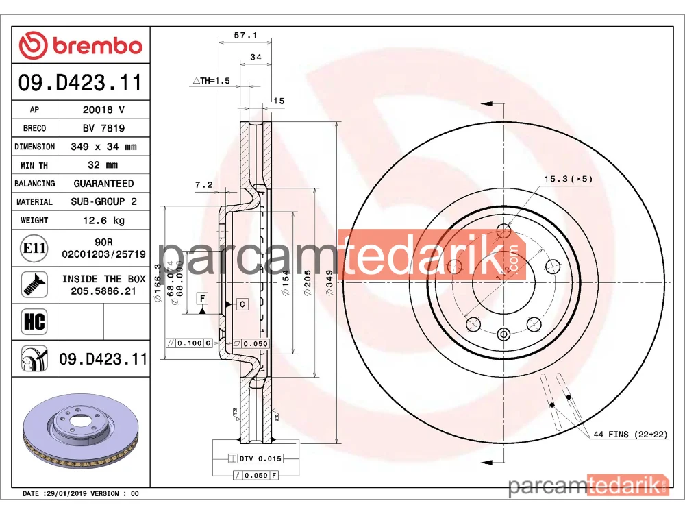 BREMBO 09D42311 | Fren Diski (Ön, 350x34 mm, 5×112) — Audi A6 C8, Audi Q7, Audi A4 B9