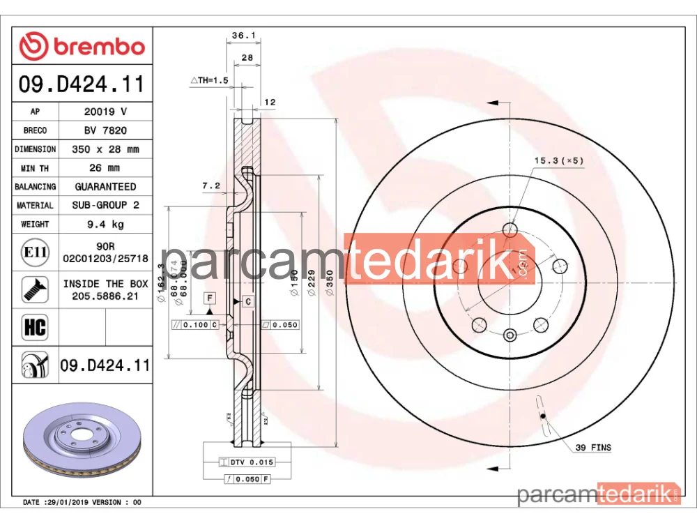 BREMBO 09D42411 | Fren Diski (Arka, 350x28 mm, 5×112) — Audi Q7, Audi A8 D5, Audi Q8