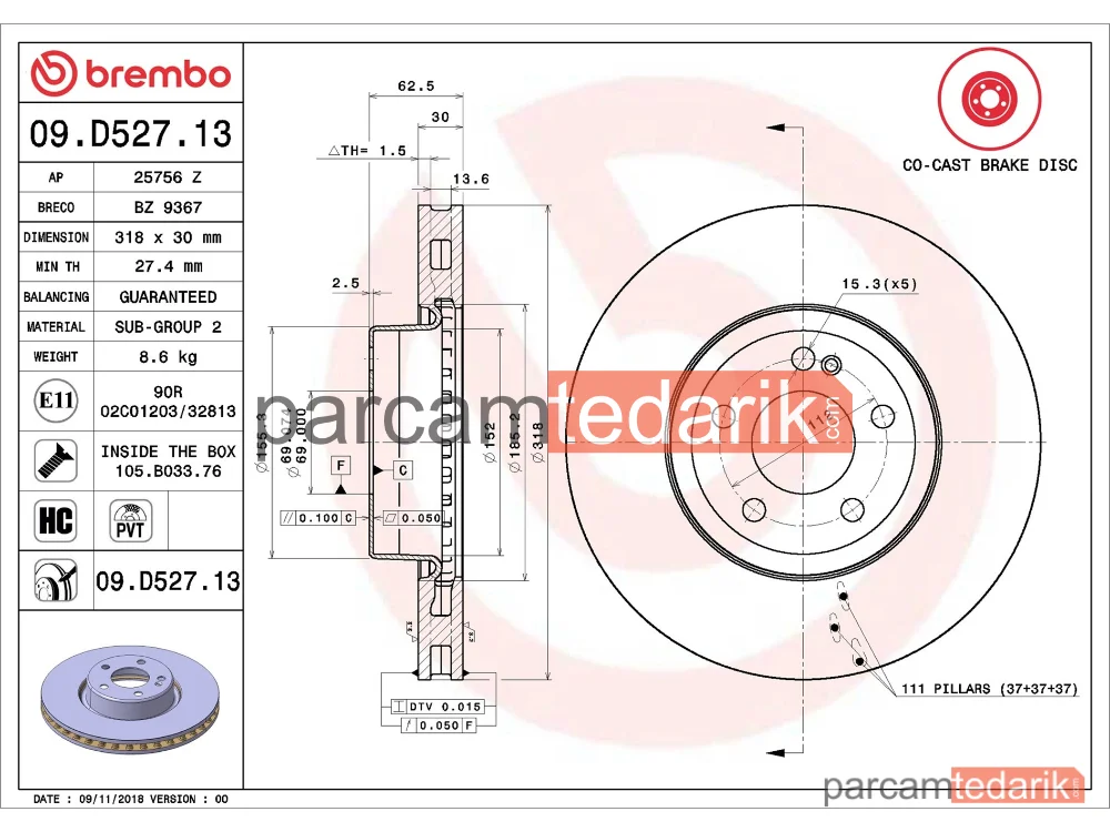 BREMBO 09D52713 | Fren Diski (Ön) — Mercedes-Benz C-Serisi, Mercedes-Benz C-Serisi T-Model