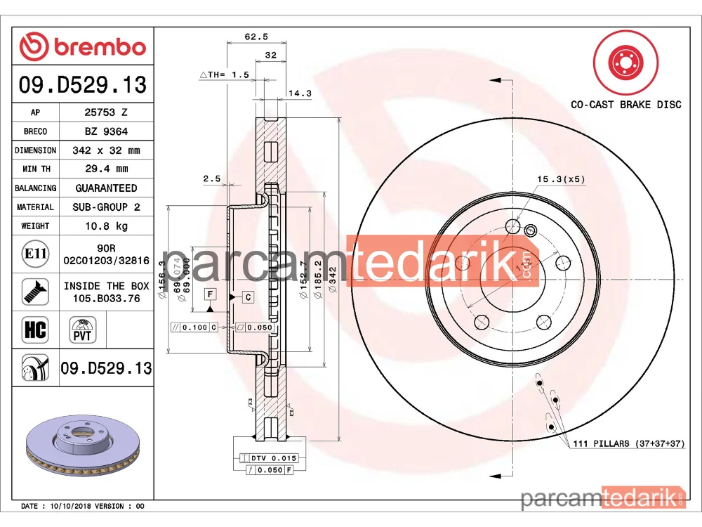 BREMBO 09D52913 | Fren Diski (Ön) — Mercedes-Benz Glc Coupe, Mercedes-Benz Glc, Mercedes-Benz E-Serisi