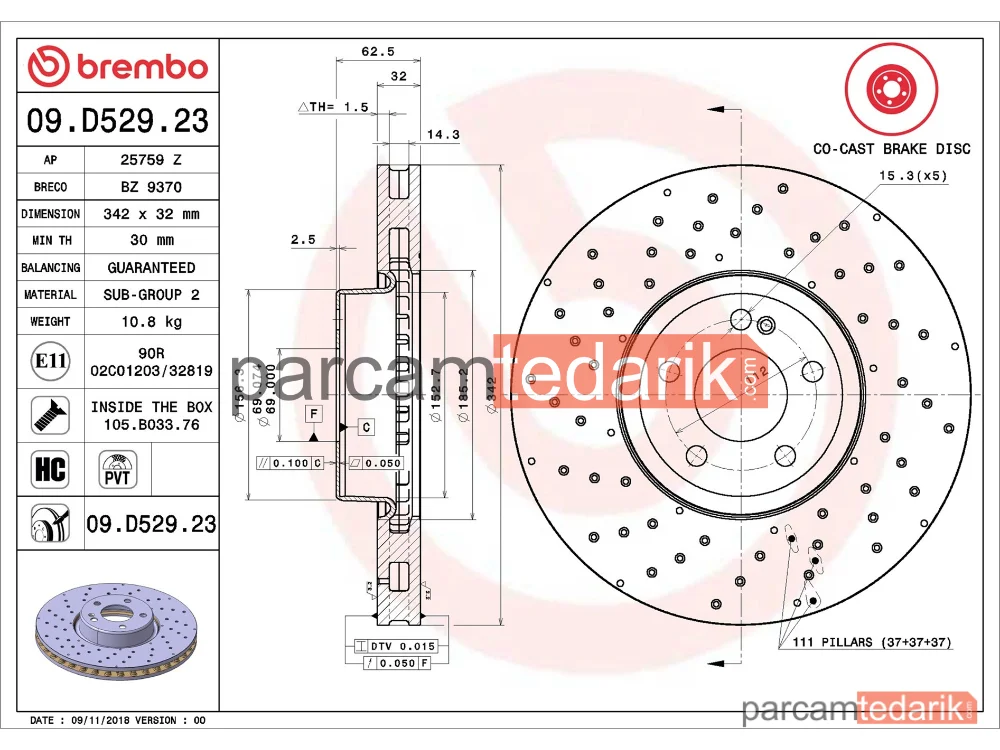 BREMBO 09D52923 | Fren Diski (Ön, 342 mm) — Mercedes-Benz E-Serisi, Mercedes-Benz C-Serisi
