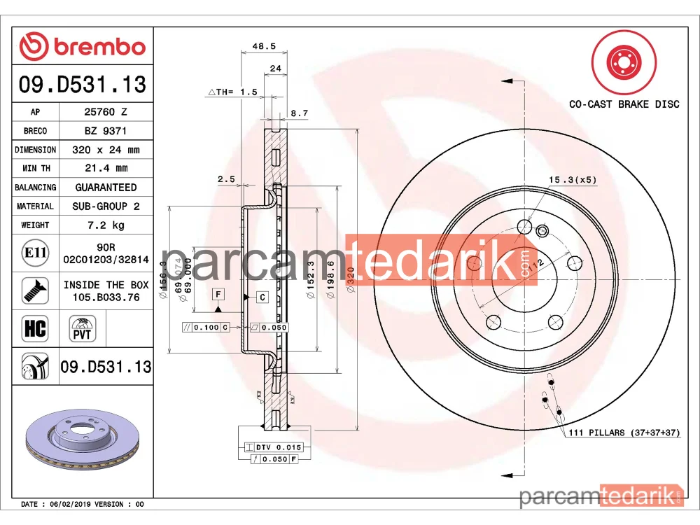 BREMBO 09D53113 | Fren Diski (Arka) — Mercedes-Benz Glc Coupe, Mercedes-Benz Glc, Mercedes-Benz E-Serisi