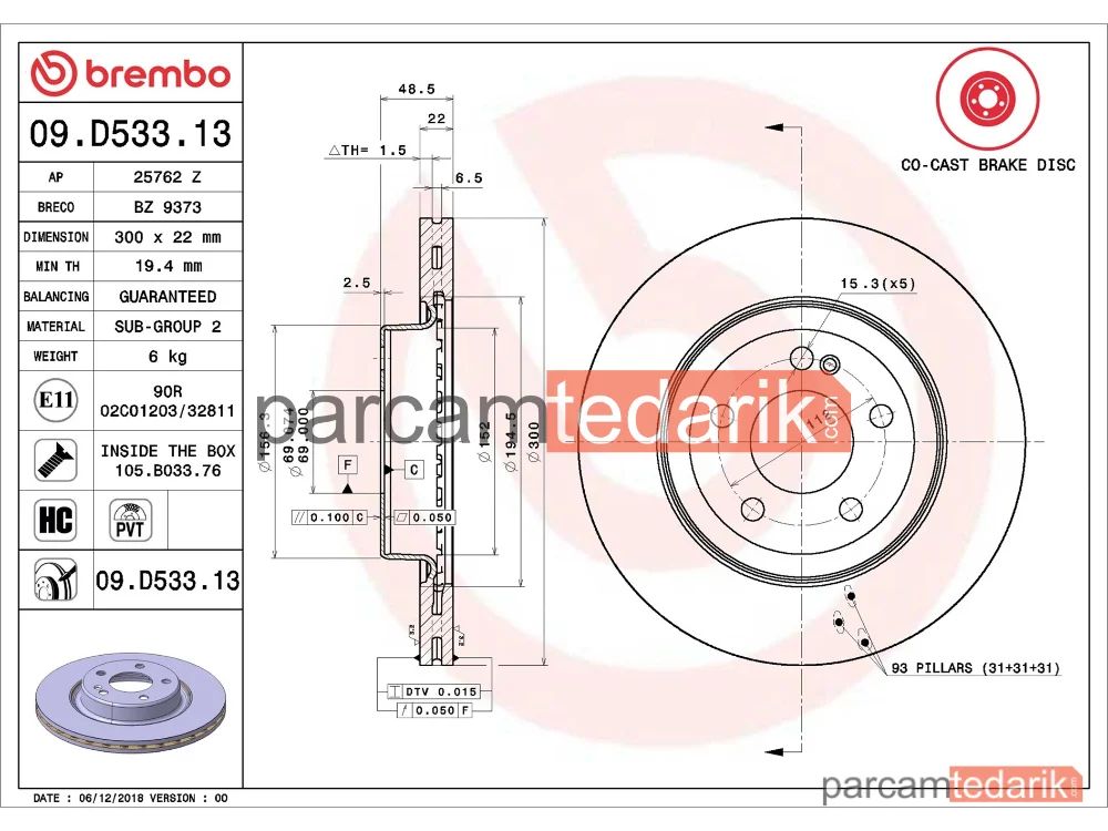 BREMBO 09D53313 | Fren Diski (Arka) — Mercedes-Benz C-Serisi T-Model, Mercedes-Benz C-Serisi