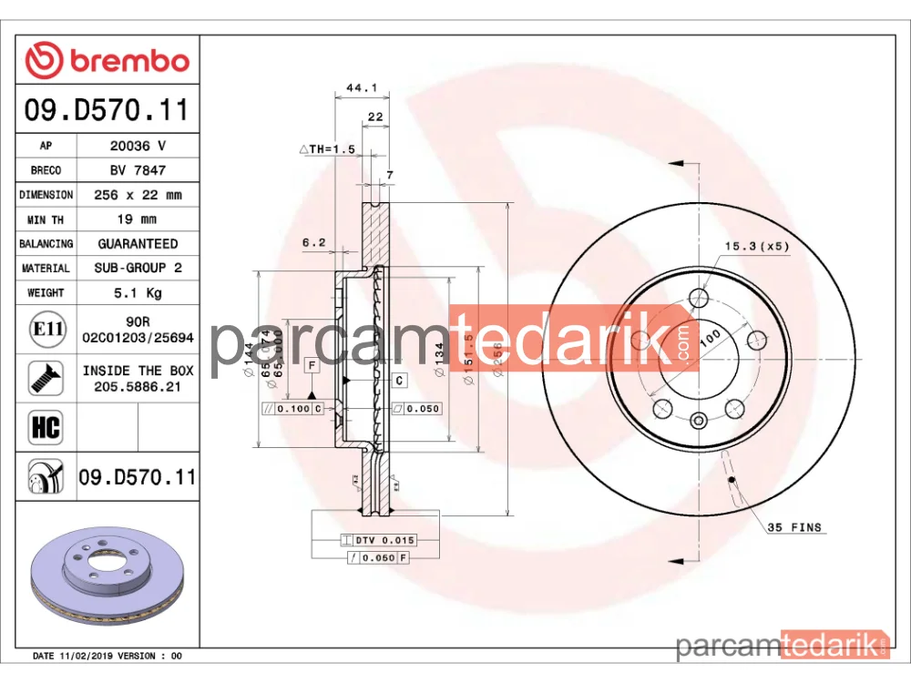 BREMBO 09D57011 | Fren Diski (Ön, 256x22 mm, 5×100) — Seat Ibiza V, VW Polo VI, Skoda Kamiq