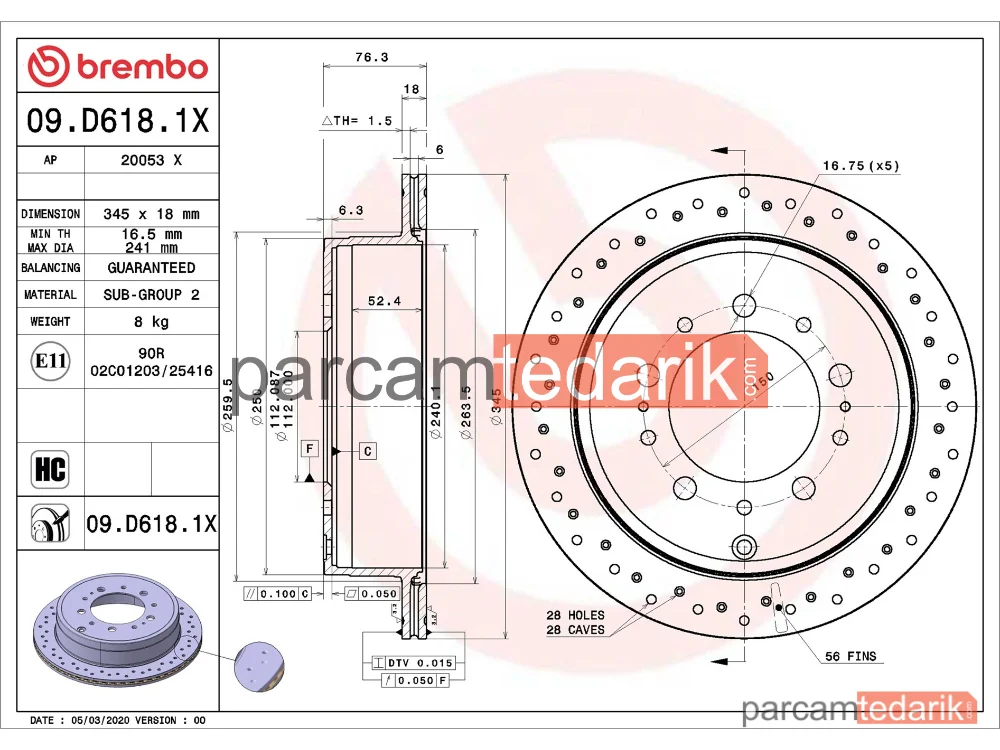 BREMBO 09D6181X | Fren Diski (Arka, 345 mm) — Toyota Land Cruiser 200, Lexus LX, Toyota Tundra Pick-Up