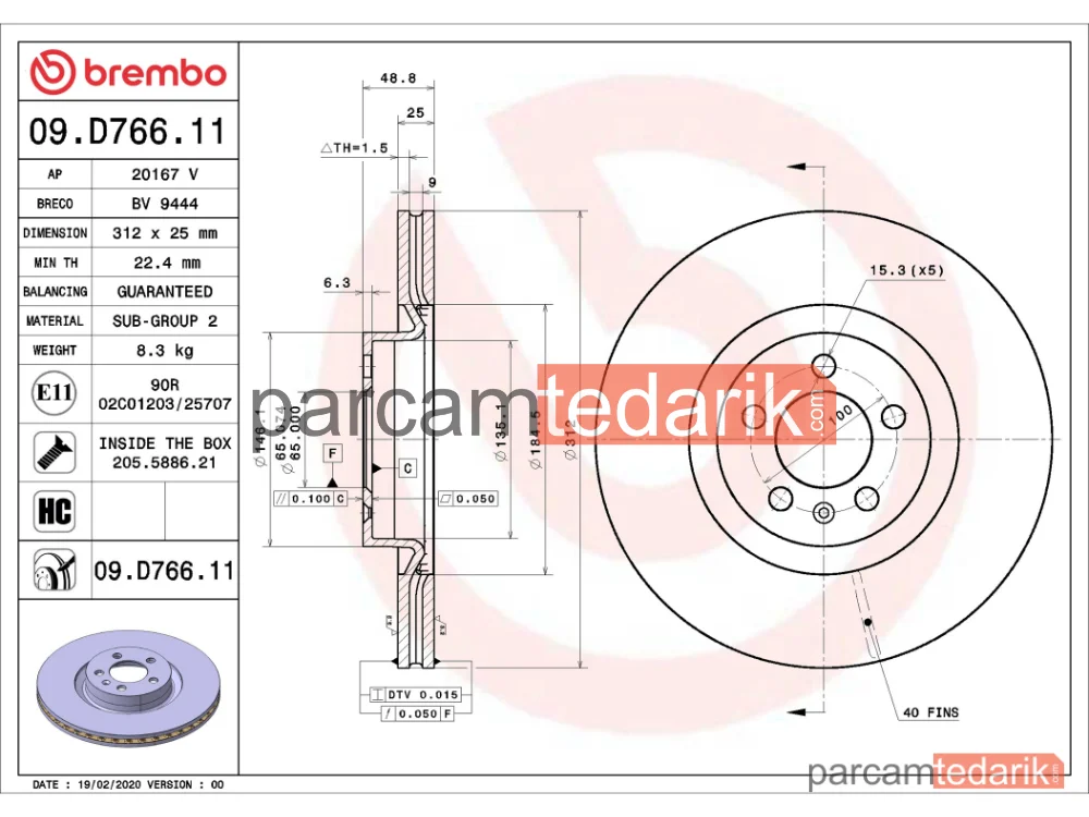 BREMBO 09D76611 | Fren Diski (Ön, 312x25 mm, 5×100) — VW Polo VI