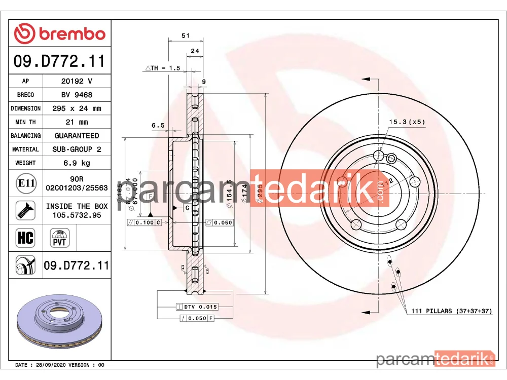 BREMBO 09D77211 | Fren Diski (Ön) — Mercedes-Benz A-Serisi, Mercedes-Benz B-Serisi, Mercedes-Benz Cla