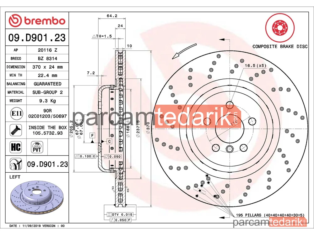 BREMBO 09D90123 | Fren Diski (Arka) — BMW 5, BMW 5 Touring, BMW 6 Gran Turismo