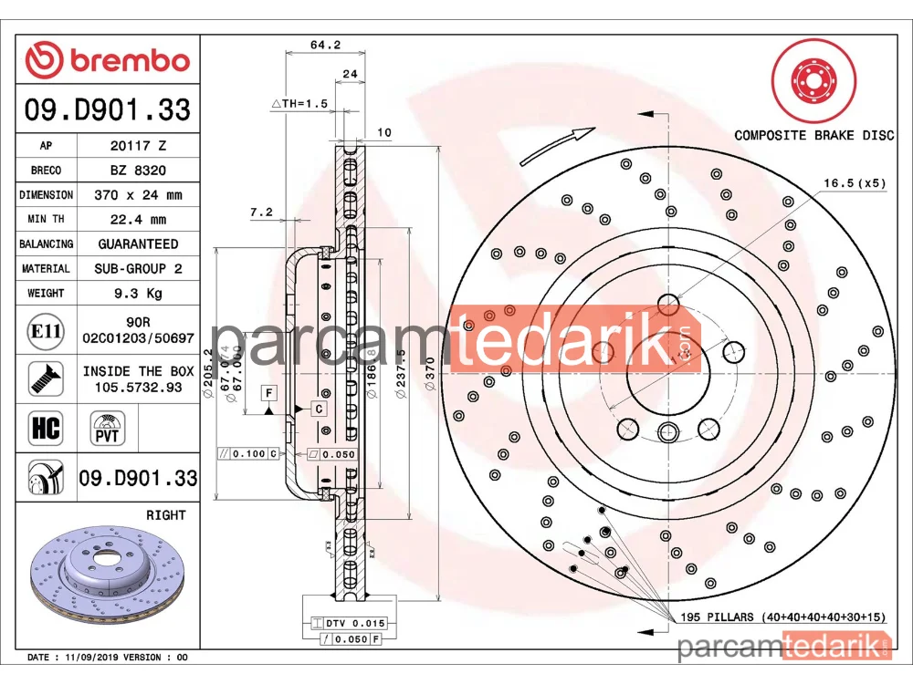 BREMBO 09D90133 | Fren Diski (Arka) — BMW 5, BMW 5 Touring, BMW 6 Gran Turismo