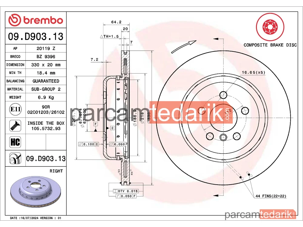 BREMBO 09D90313 | Fren Diski (Arka) — BMW 5, BMW 5 Touring, BMW X3