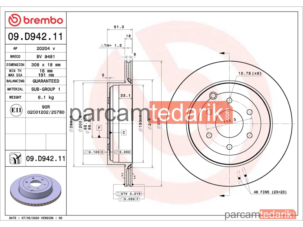 BREMBO 09D94211 | Fren Diski (Arka) — Mercedes-Benz X-Serisi, Nissan Navara NP300 Pick-Up