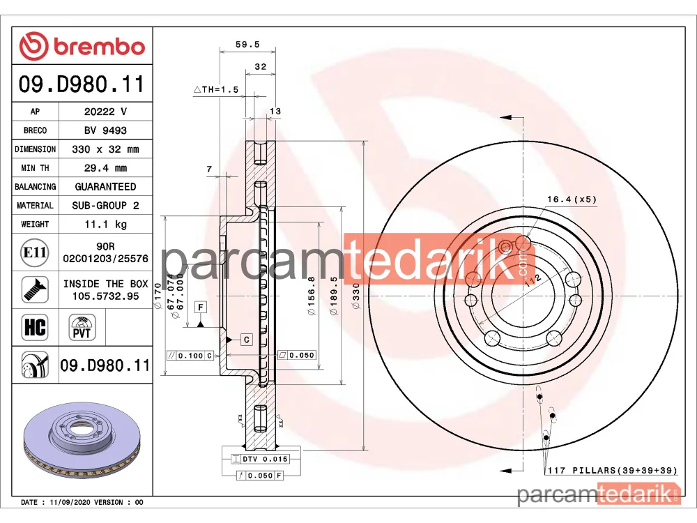 BREMBO 09D98011 | Fren Diski (Ön) — Mercedes-Benz Gle