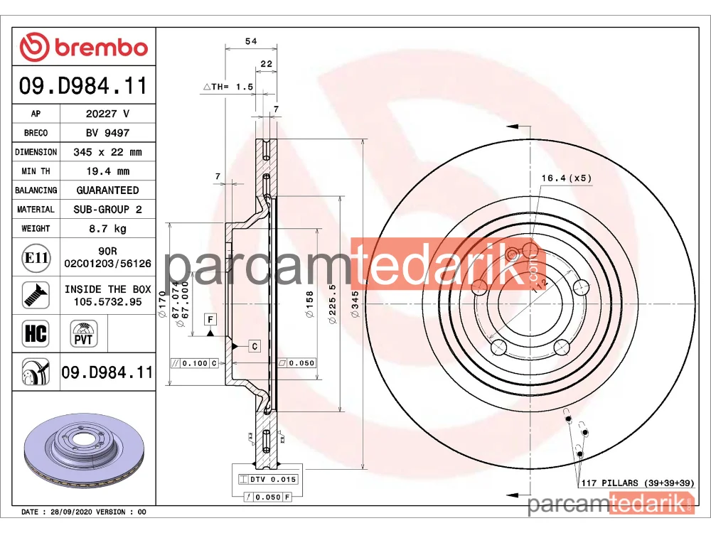 BREMBO 09D98411 | Fren Diski (Arka) — Mercedes-Benz Gle, Mercedes-Benz Gle Coupe, Mercedes-Benz Gls