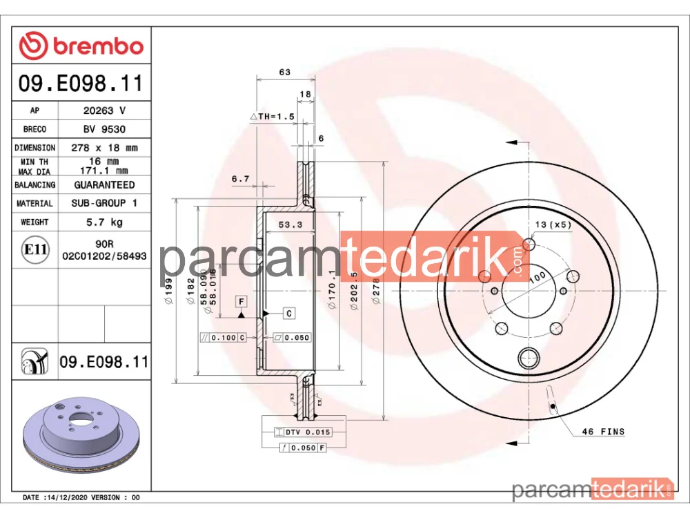 BREMBO 09E09811 | Fren Diski (Arka)