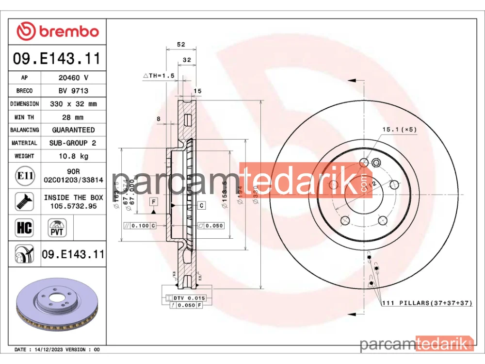 BREMBO 09E14311 | Fren Diski (Ön) — Mercedes-Benz Eqv