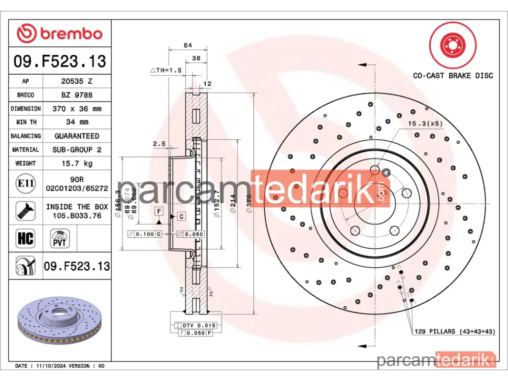 BREMBO 09F52313 | Fren Diski (Ön, Delikli) — Mercedes-Benz S-Serisi, Mercedes-Benz Glc Coupe