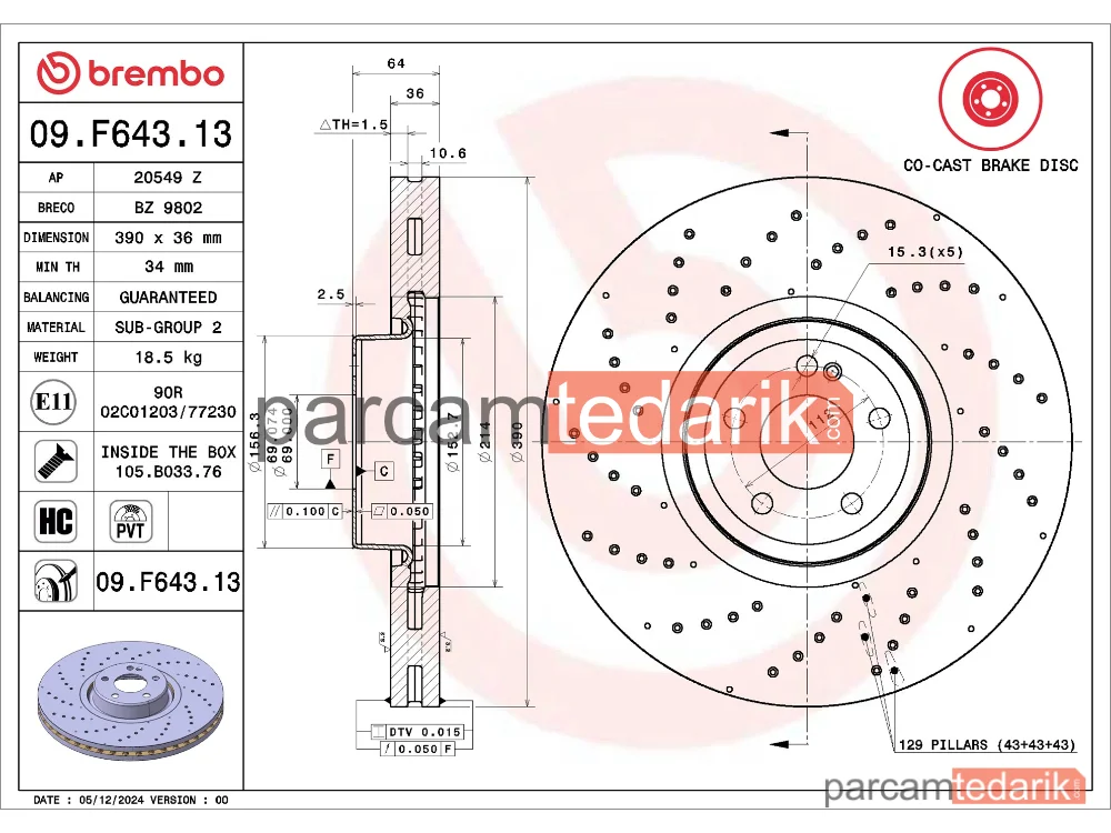 BREMBO 09F64313 | Fren Diski (Ön) — Mercedes-Benz S-Serisi