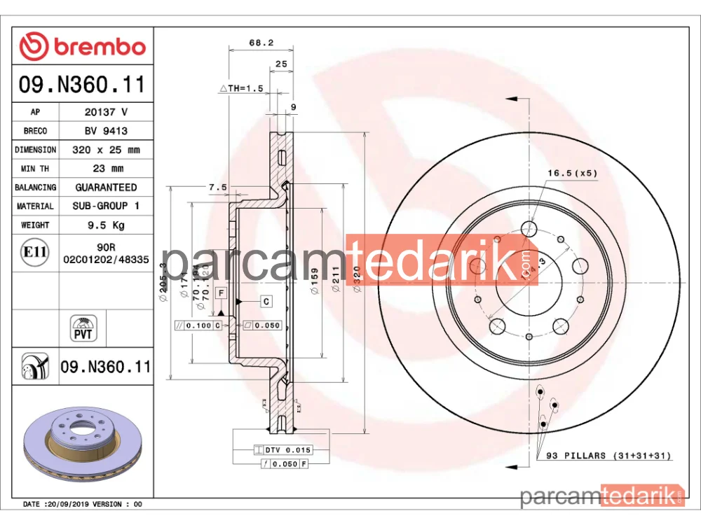 BREMBO 09N36011 | Fren Diski (Ön) — Tesla Model 3
