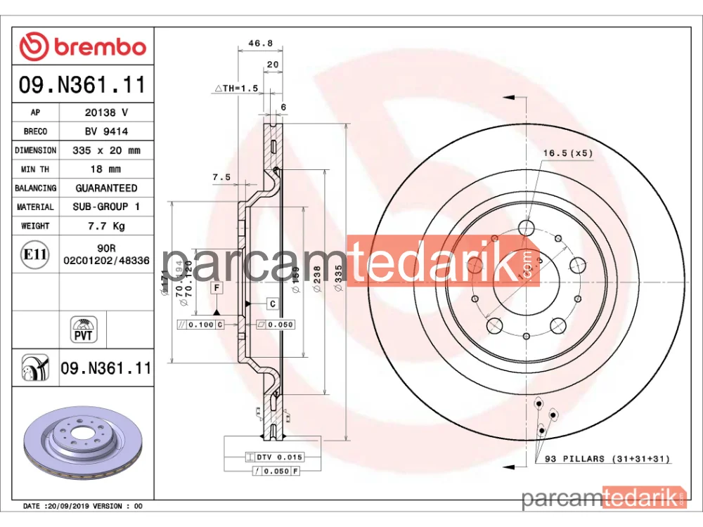 BREMBO 09N36111 | Fren Diski (Arka) — Tesla Model 3