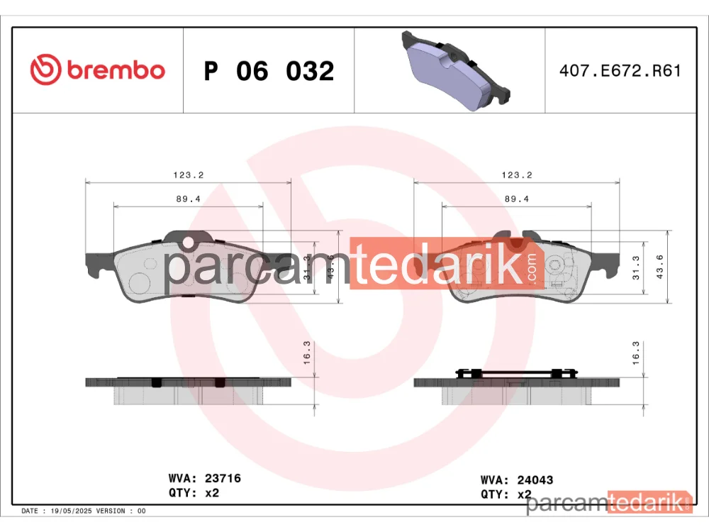 BREMBO P06032 | Fren Balatası (Arka) — Mini Cabrio, Mini