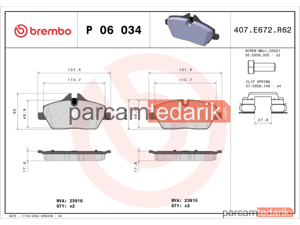 BREMBO P06034 | Fren Balatası (Ön) — Mini, Mini Clubman, Mini Cabrio