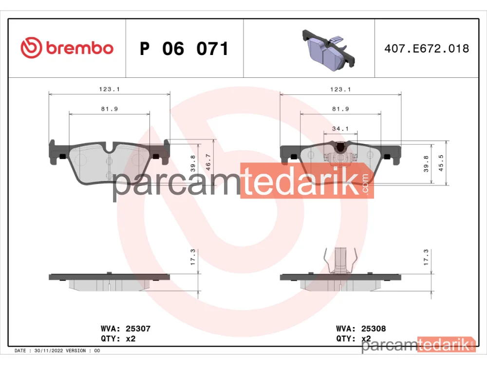 BREMBO P06071 | Fren Balatası (Arka) — BMW 1, BMW 3, BMW 3 Touring
