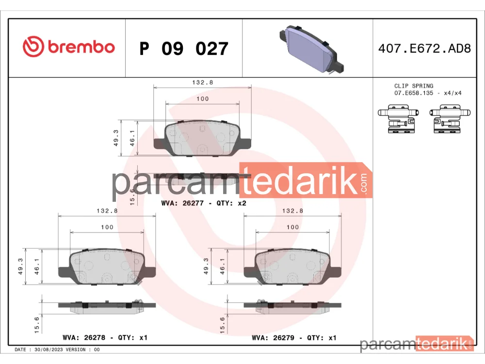BREMBO P09027 | Fren Balatası (Ön) — Tesla Model 3, Tesla Model Y