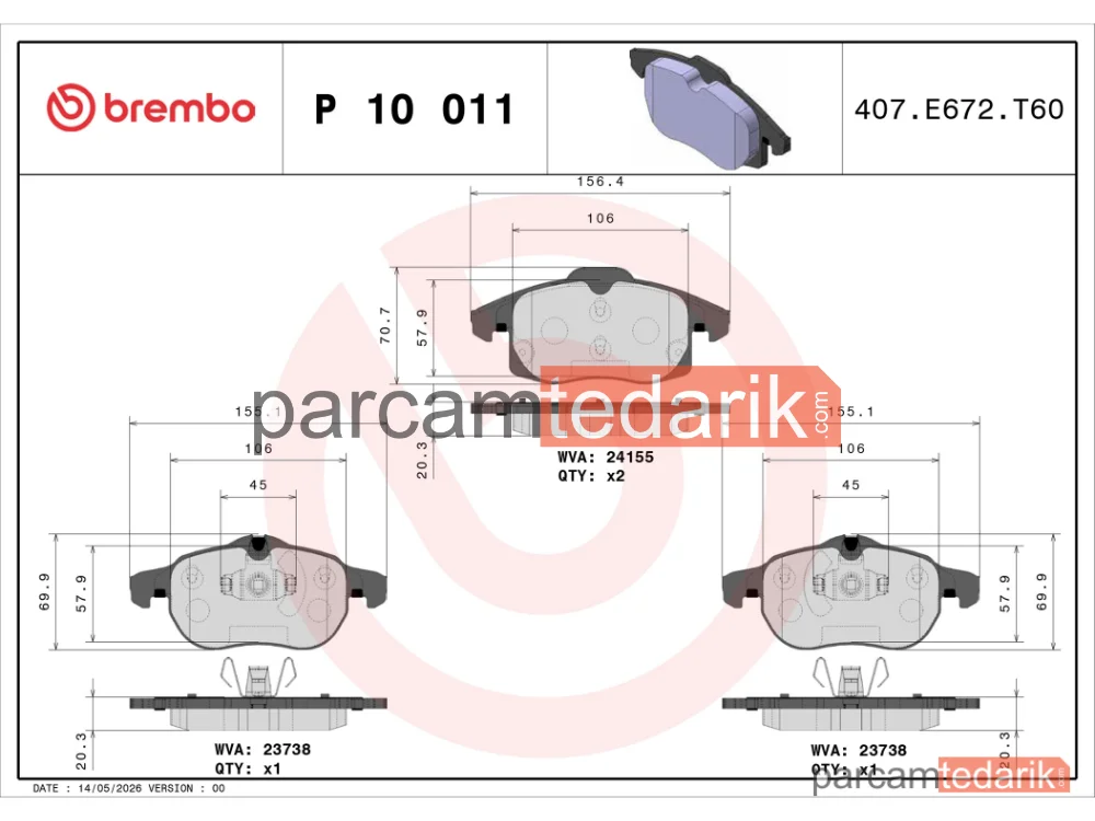 BREMBO P10011 | Fren Balatası (Ön) — Saab 9-3, Saab 9-3 Cabrio, Opel Vectra C