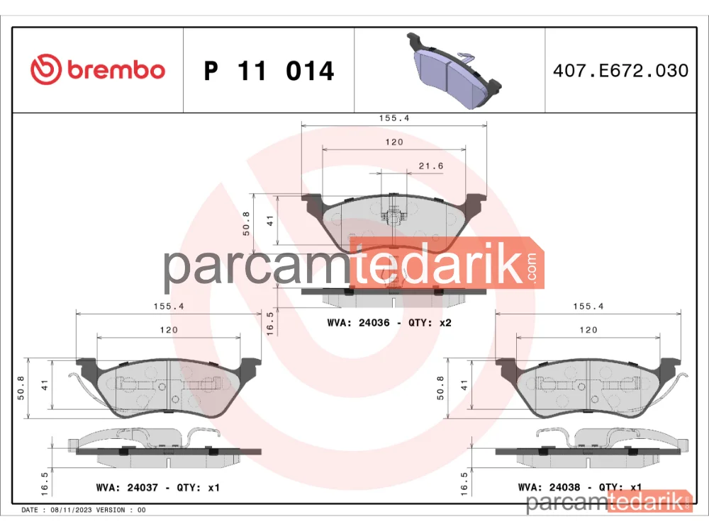 BREMBO P11014 | Fren Balatası (Arka) — Chrysler Voyager IV, Dodge Caravan, Chrysler Voyager / Grand Voyager III