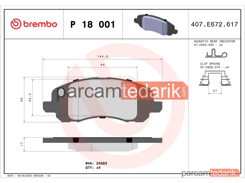 P18001 | Fren Balatası (Ön) — Jeep Compass, Dodge Avenger, Dodge Caliber