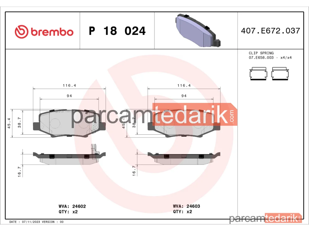 BREMBO P18024 | Fren Balatası (Arka) — Jeep Wrangler III, Dodge Nitro, Jeep Cherokee