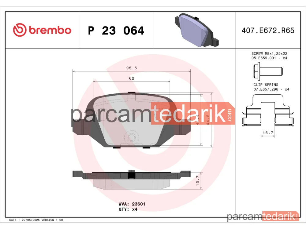 BREMBO P23064 | Fren Balatası (Arka) — Lancia Ypsilon, Fiat Panda, Lada Vesta