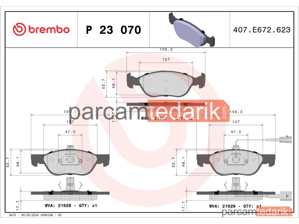 BREMBO P23070 | Fren Balatası (Ön) — Fiat Marea, Fiat Marea Weekend, Fiat Brava