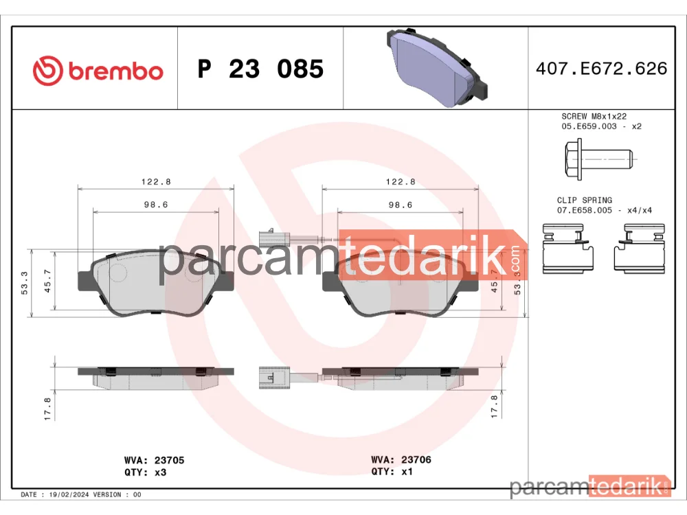 BREMBO P23085 | Fren Balatası (Ön) — Fiat Bravo II, Fiat Idea, Fiat Doblo Mpv