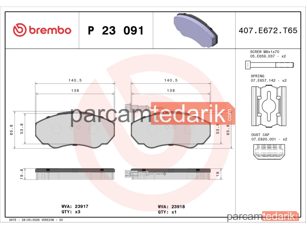 BREMBO P23091 | Fren Balatası (Ön) — Fiat Ducato, Citroen Jumper I, Citroen Jumper II