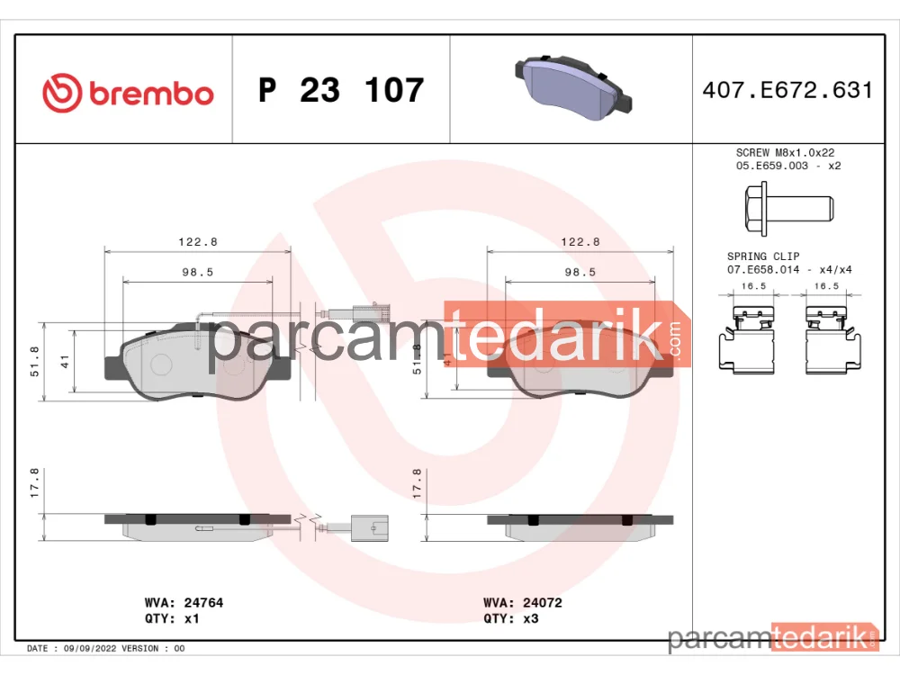 BREMBO P23107 | Fren Balatası (Ön) — Fiat Panda, Fiat 500, Ford KA