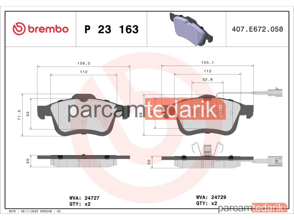 BREMBO P23163 | Fren Balatası (Ön) — Fiat Doblo Cargo, Fiat Doblo, Opel Combo Tour