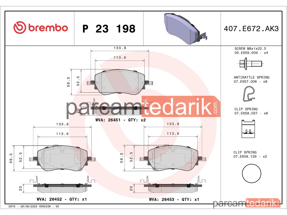 BREMBO P23198 | Fren Balatası (Ön) — Fiat Tipo, Fiat Egea
