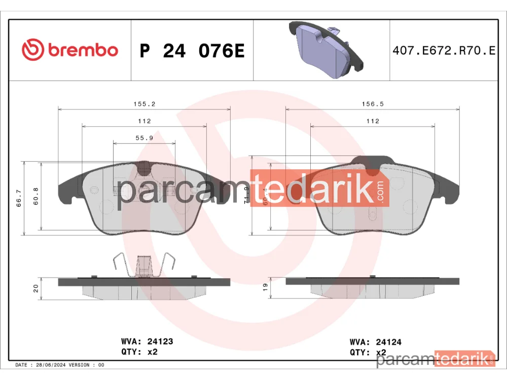 BREMBO P24076E | Fren Balatası (Ön) — Volvo V60 I