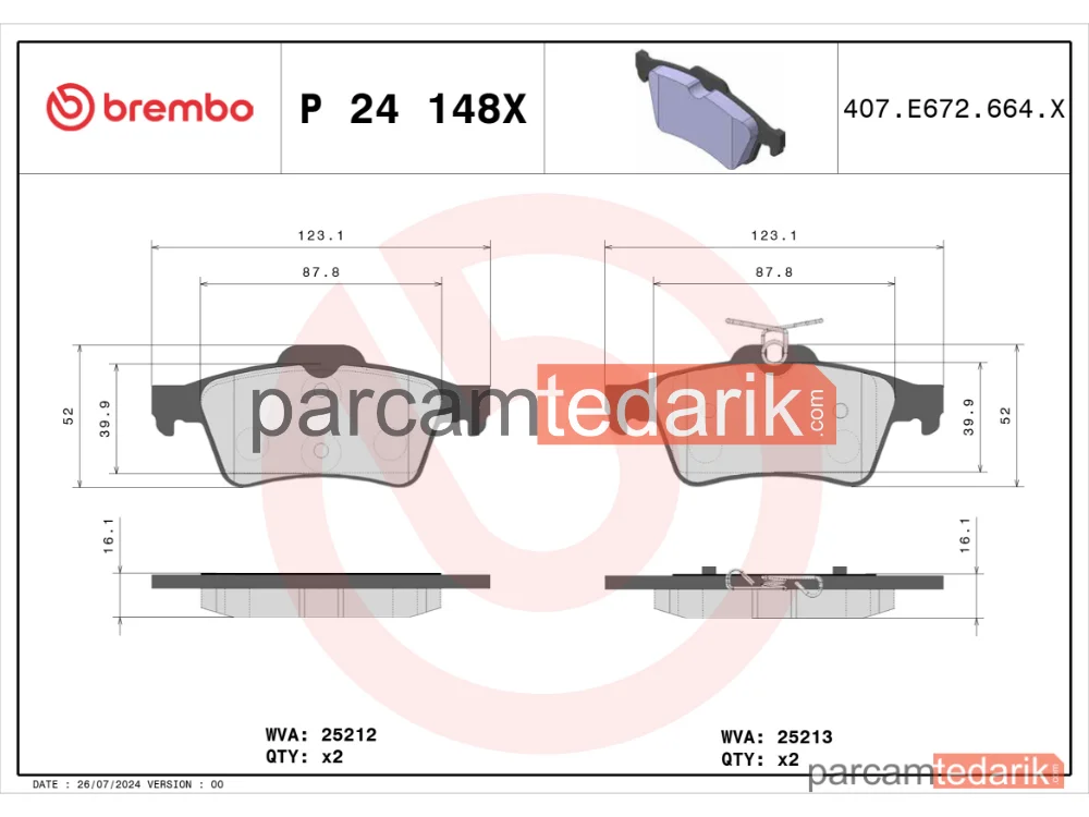 BREMBO P24148X | Fren Balatası (Arka, Xtra) — Ford Focus III, Ford C-Max II, Volvo V50