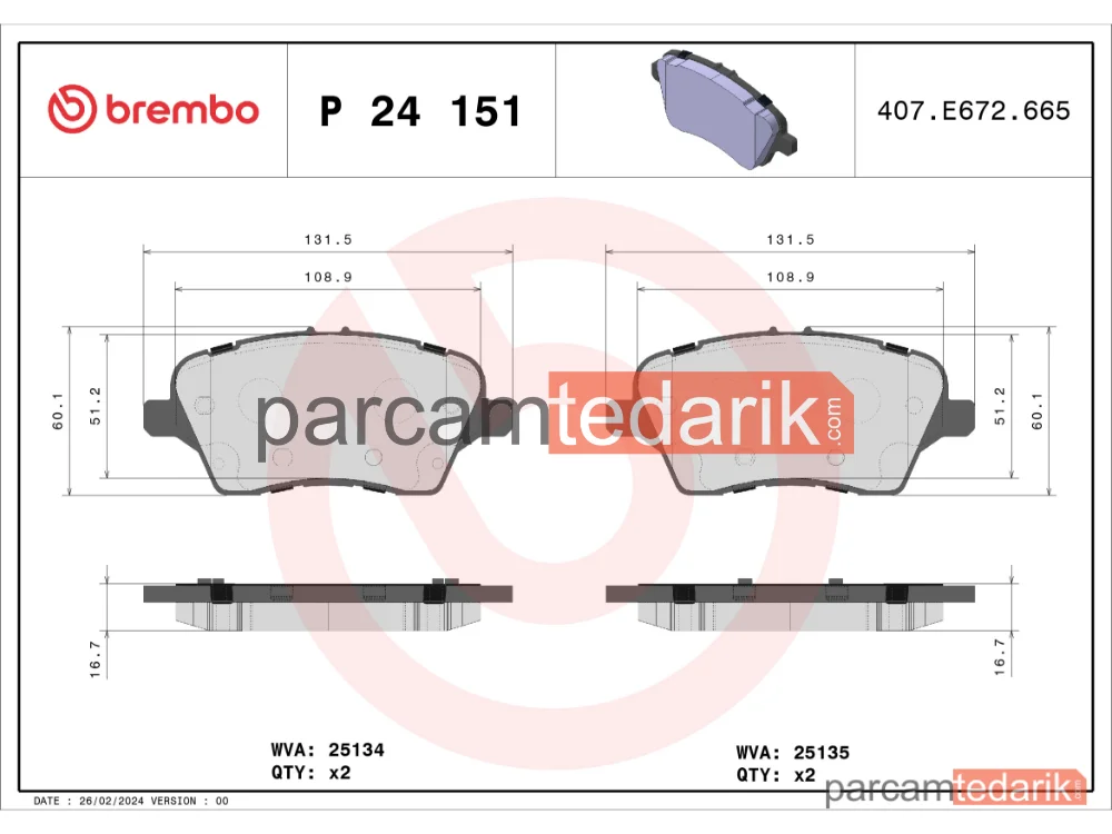 BREMBO P24151 | Fren Balatası (Ön) — Ford Fiesta VI, Ford B-Max, Ford Tourneo Courier B460 Mpv