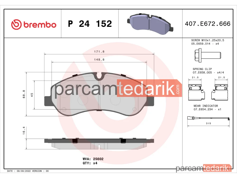 BREMBO P24152 | Fren Balatası (Ön) — Ford Transit V363, Ford Transit Custom V362, Ford Tourneo Custom V362