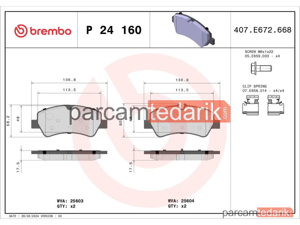 BREMBO P24160 | Fren Balatası (Arka) — Ford Transit V363, Ford Transit Custom V362, Ford Tourneo Custom V362