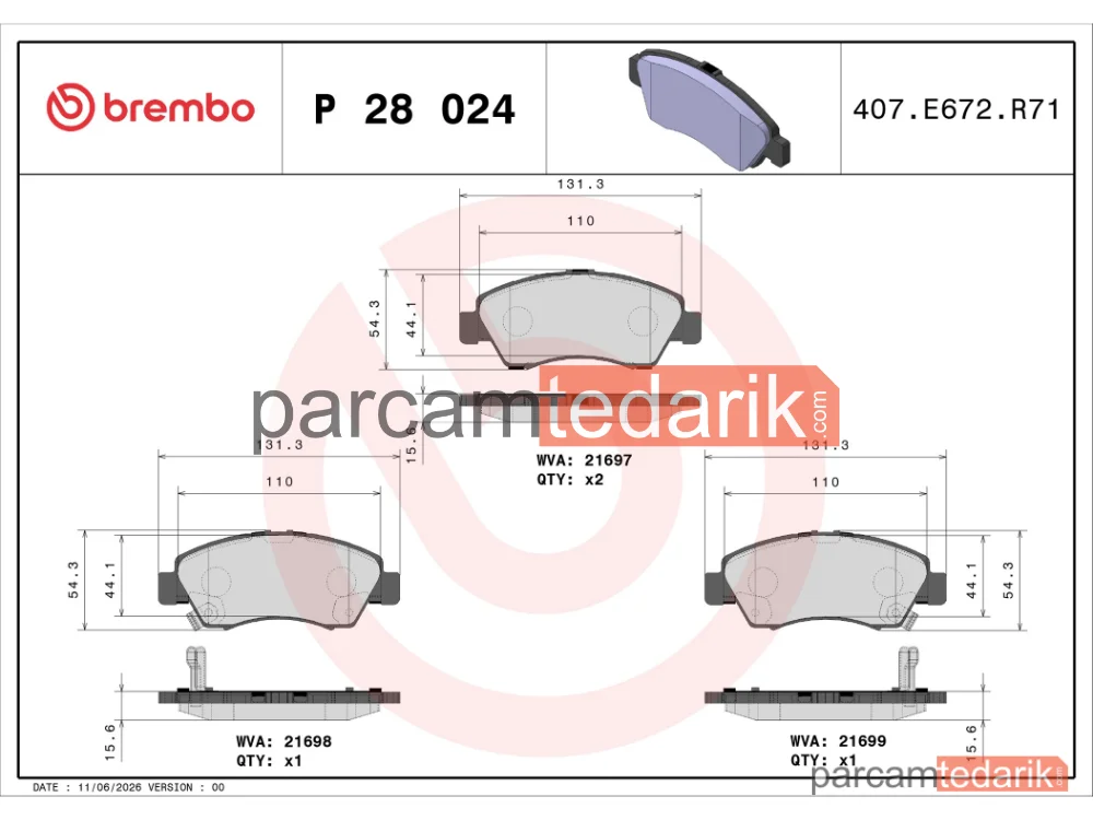 BREMBO P28024 | Fren Balatası (Ön) — Honda Civic V, Honda Civic VI, Honda Capa