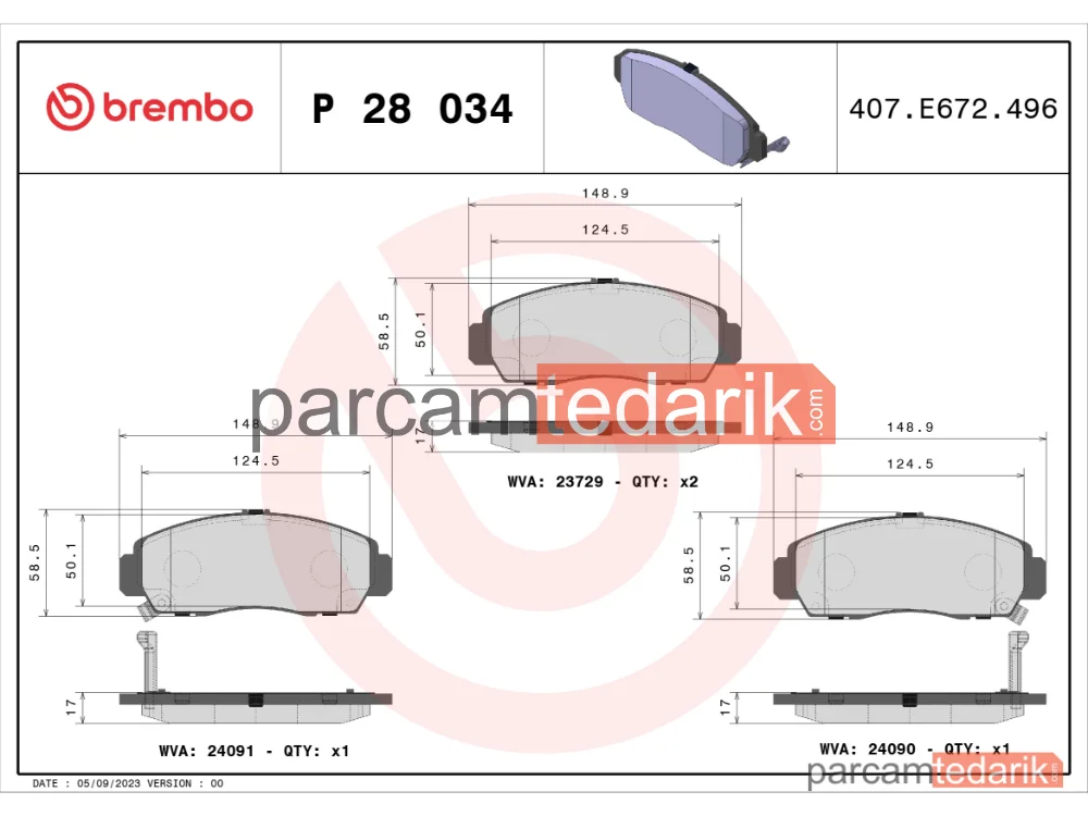 BREMBO P28034 | Fren Balatası (Ön) — Honda Civic VIII, Honda Accord IX, Honda Civic VII