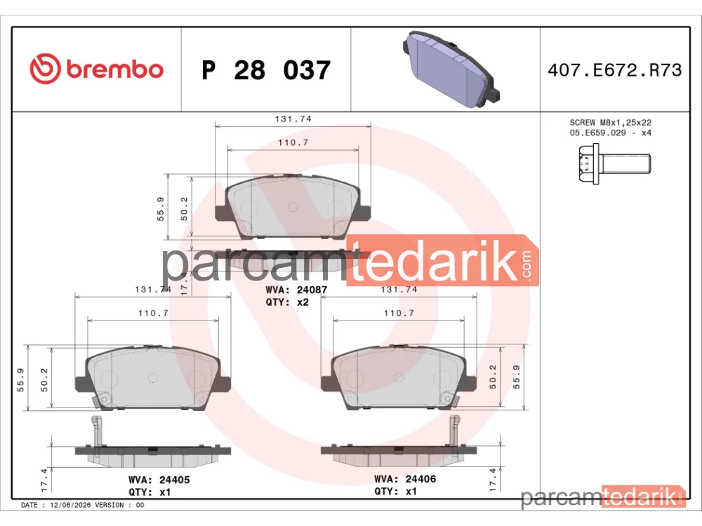 BREMBO P28037 | Fren Balatası (Ön) — Honda Civic VIII