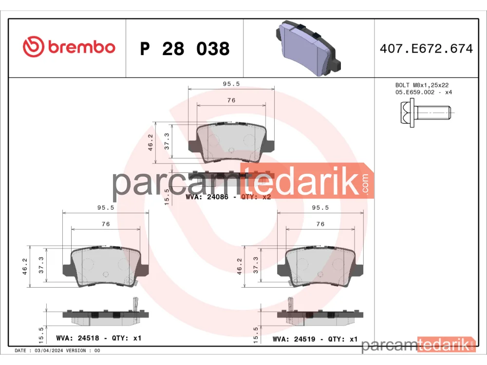 BREMBO P28038 | Fren Balatası (Arka) — Honda Civic VIII