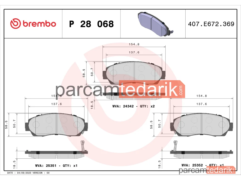 BREMBO P28068 | Fren Balatası (Ön) — Honda Cr-V III, Honda Cr-V V, Honda Cr-V IV